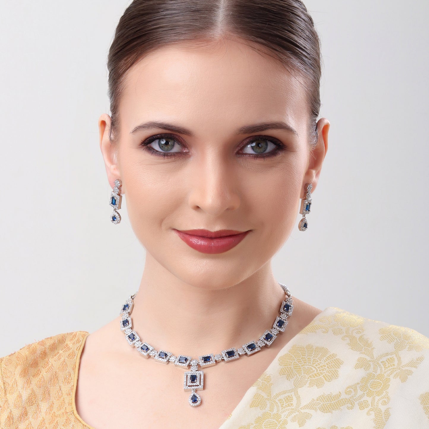 Premium Blue American Diamond (AD) Square Necklace Set – Elegant Jewelry for Women