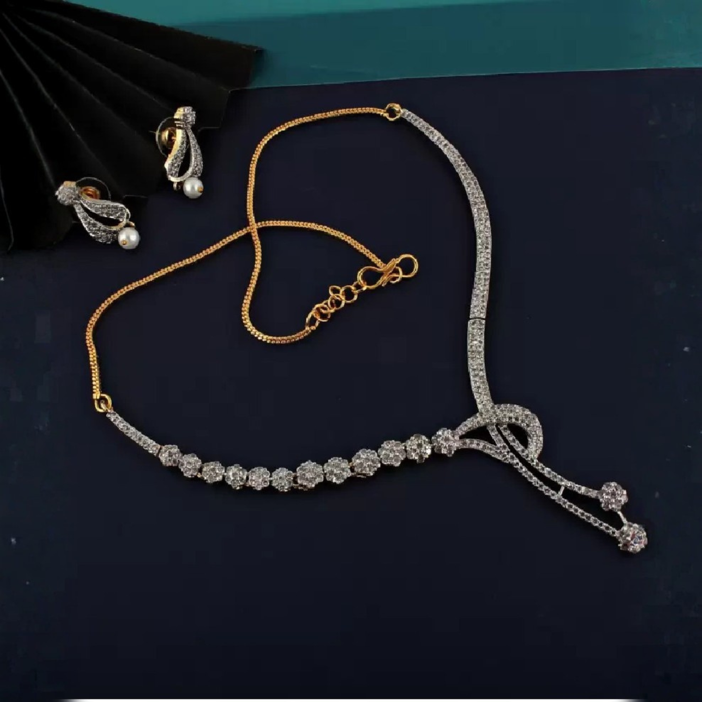 Dual Tone Silver American Diamond Necklace Set | Exclusive Party Jewelry by Amezaa