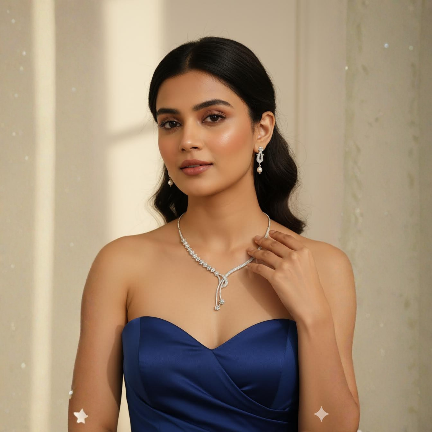 Dual Tone Silver American Diamond Necklace Set | Exclusive Party Jewelry by Amezaa