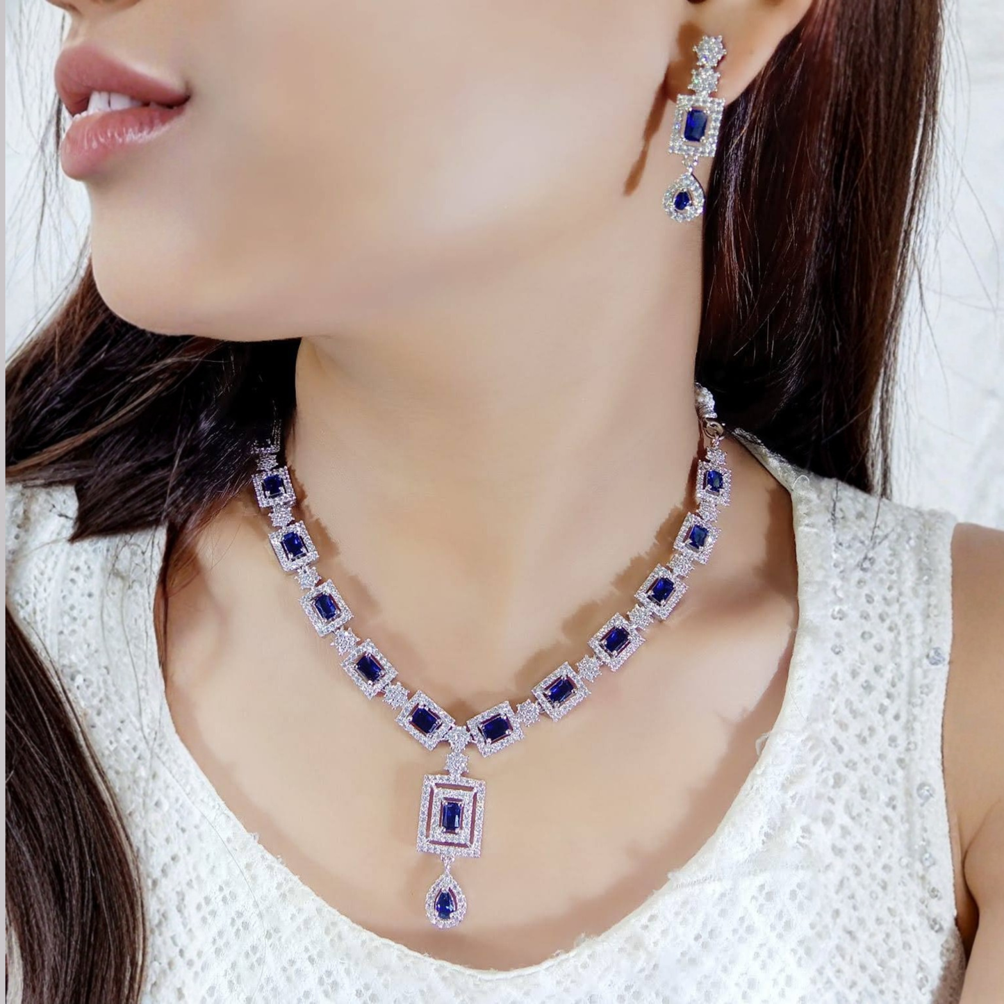 Premium Blue American Diamond (AD) Square Necklace Set – Elegant Jewelry for Women