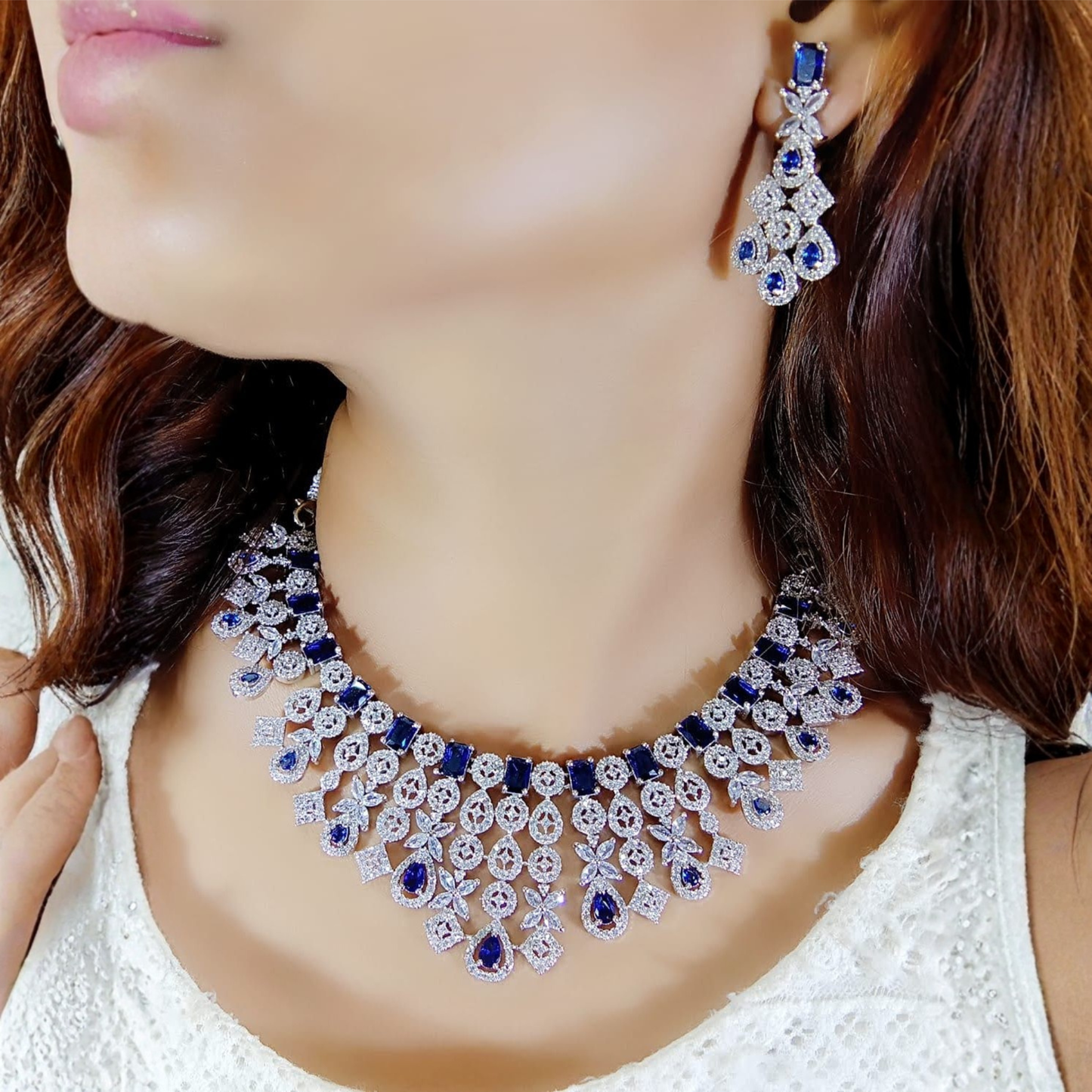 Premium Blue AD Necklace Set for Women | Elegant American Diamond Jewelry