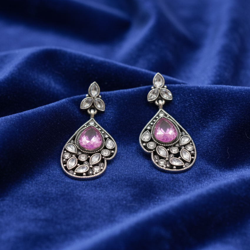 Pink Oxidised Silver Earrings | Ethnic Kundan Style Jewellery