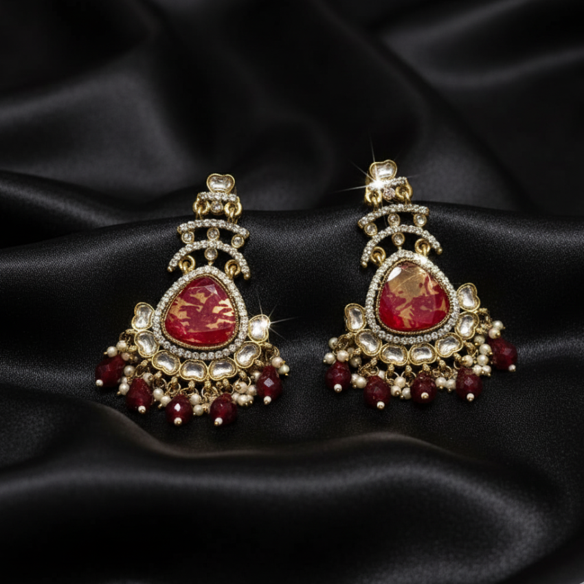 Heavy Red Kundan Chandelier Earrings | Bridal Wedding Jewellery