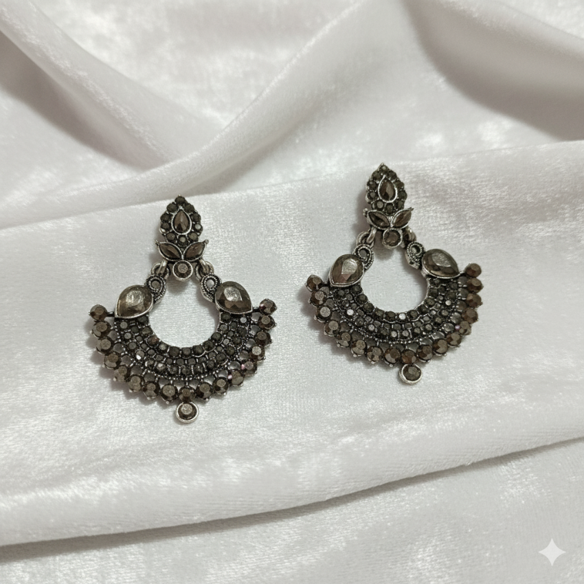 Oxidised Antique Fan Chandelier Earrings | Dark Stone Ethnic Wear