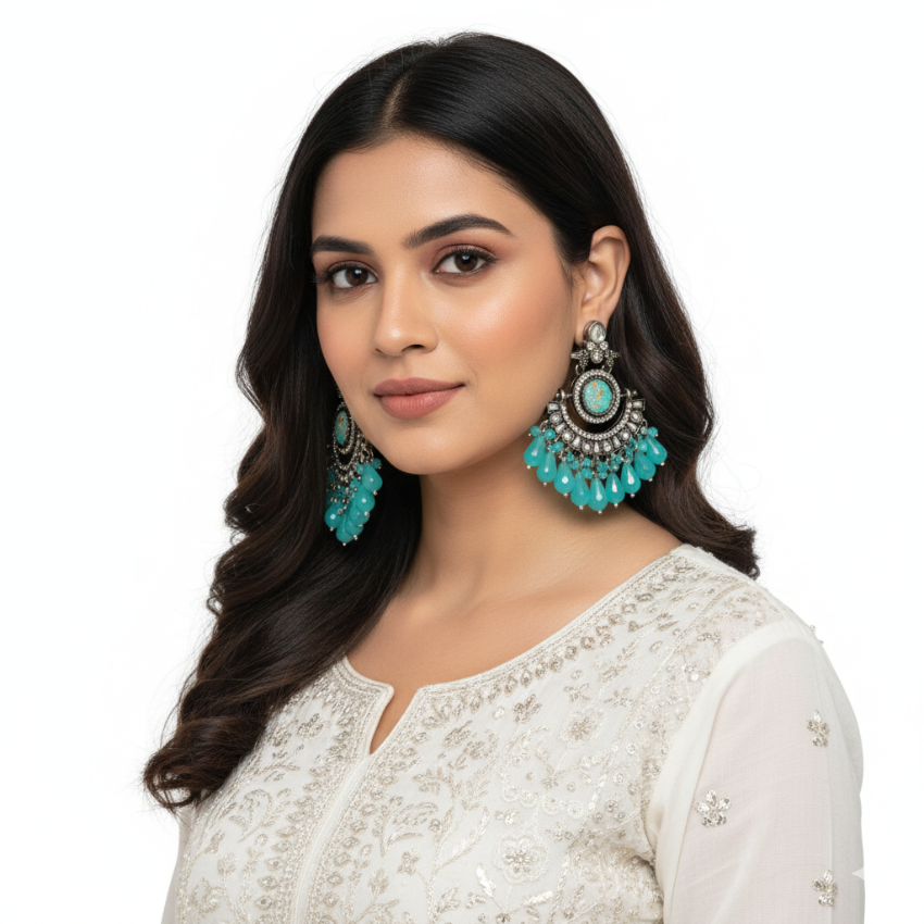 Modern Indian Aqua Blue Earrings | Oxidised Silver Style