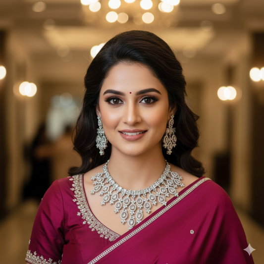 Rhodium Plated CZ Diamond Look Necklace & Earrings Set