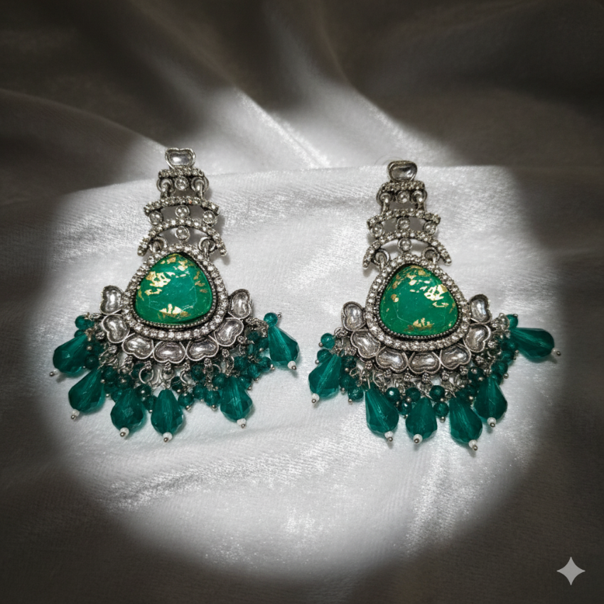 Green Stone Oxidised Chandelier Earrings | Festive Ethnic Dangler Jewelry