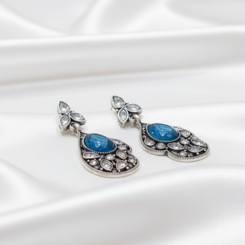 Deep Blue Oxidised Silver Earrings | Ethnic Party Wear Jewellery