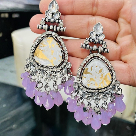 Kundan Style Chandelier Earrings | Oxidised Silver & Purple Bead Dangles