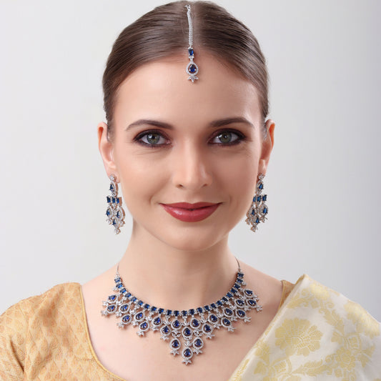 Blue Sapphire Color AD Stone Necklace Set – Premium American Diamond Jewelry for Women