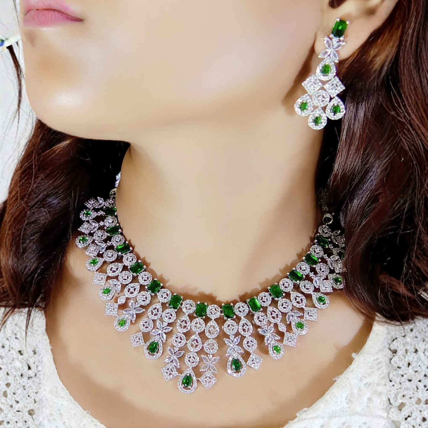 Premium Green AD Necklace Set for Women | Elegant American Diamond Jewelry
