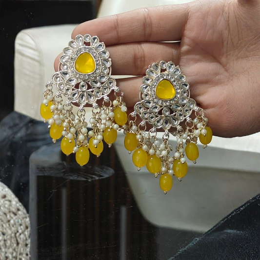 Big Yellow Kundan Jhumka Earrings - Trendy Indian Jewelry