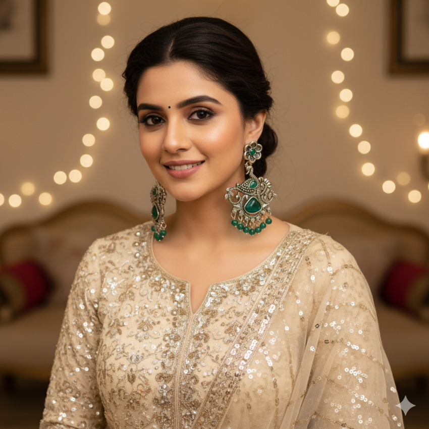 Oxidised Peacock Earrings with Green Stones | Indian Ethnic Jewellery