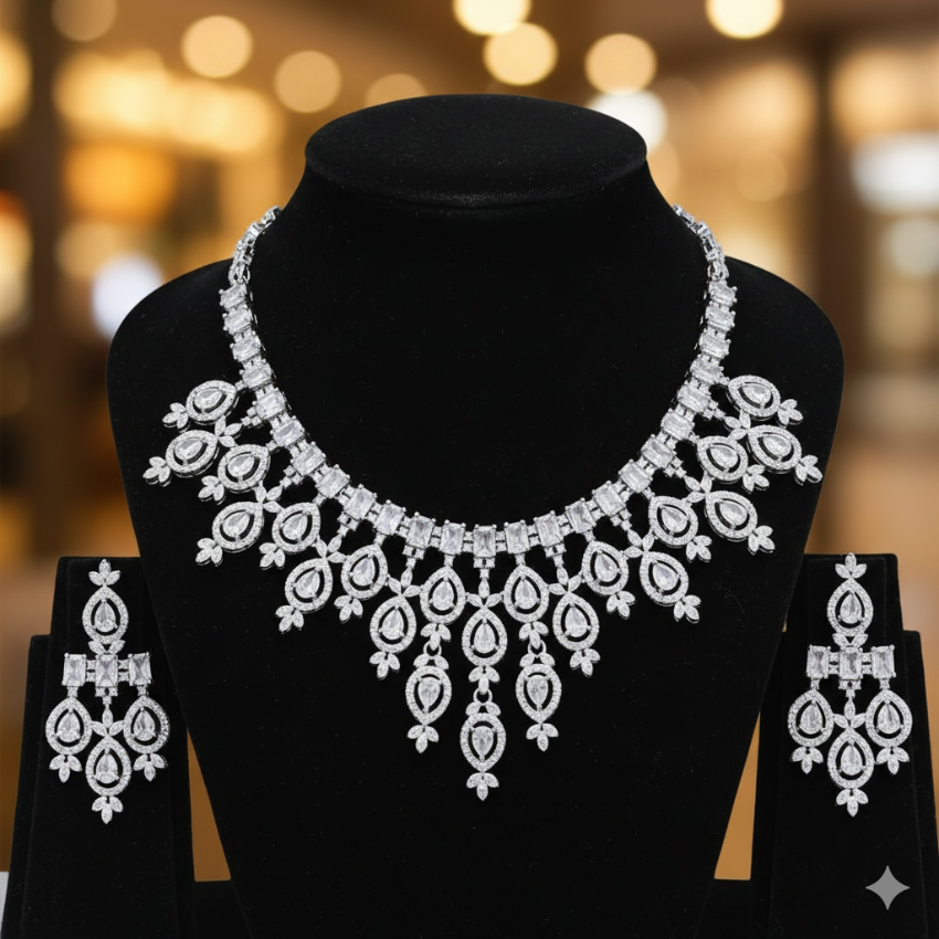 Rhodium Plated CZ Diamond Look Necklace & Earrings Set