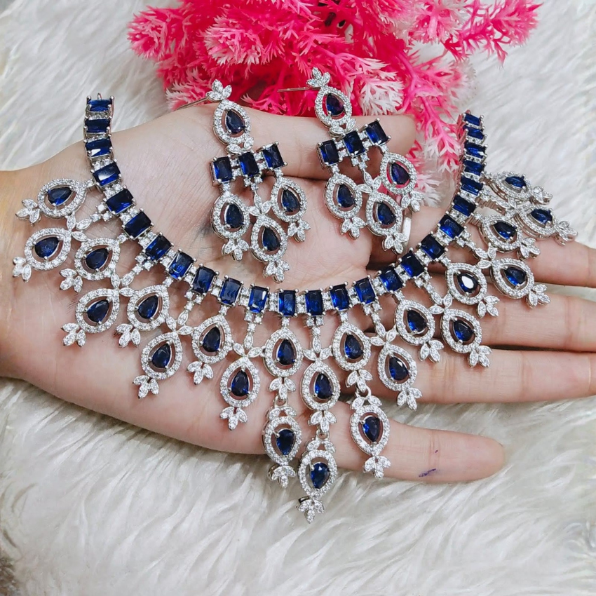 Sapphire Blue Cubic Zirconia Necklace Set - American Diamond CZ Jewelry