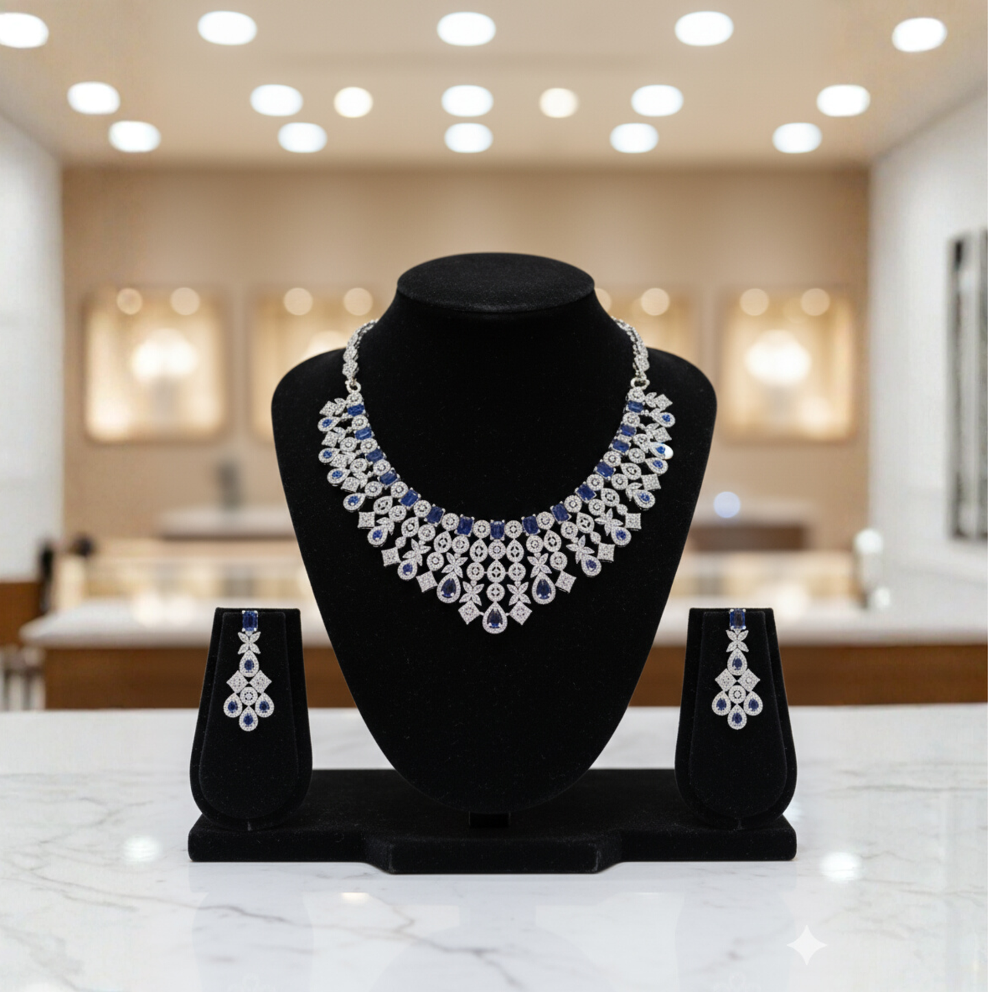 Premium Blue AD Necklace Set for Women | Elegant American Diamond Jewelry