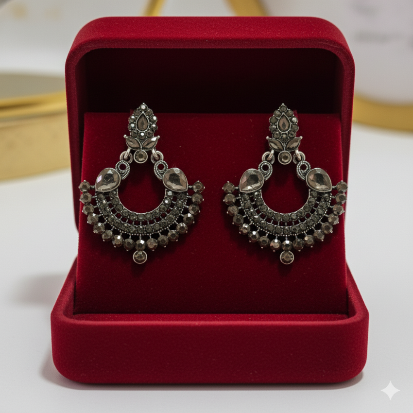 Oxidised Antique Fan Chandelier Earrings | Dark Stone Ethnic Wear