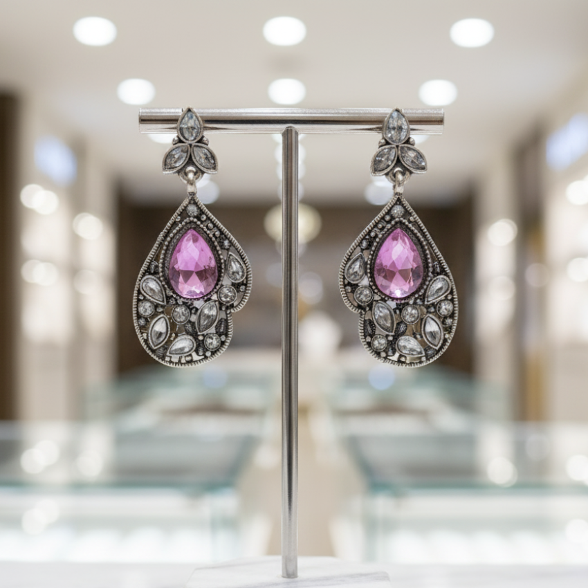 Pink Oxidised Silver Earrings | Ethnic Kundan Style Jewellery
