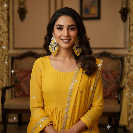 Big Yellow Kundan Jhumka Earrings - Trendy Indian Jewelry