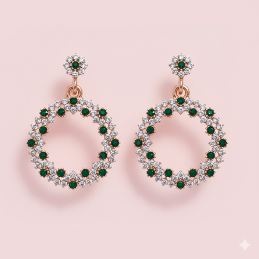 Green Stone Halo Earrings | Sparkling Silver Studs for Women