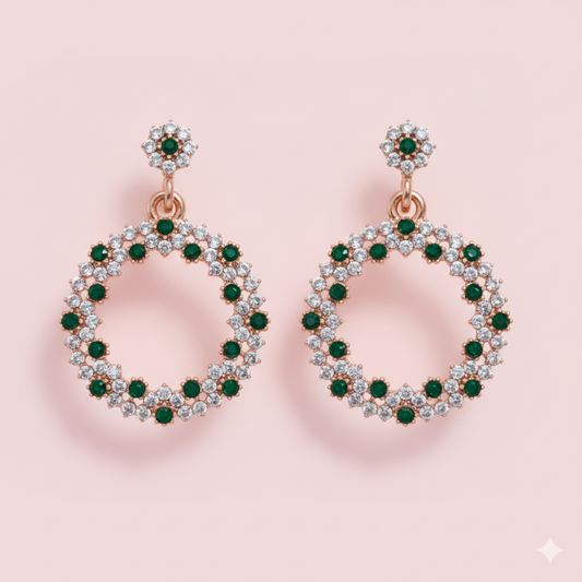 Green Stone Halo Earrings | Sparkling Silver Studs for Women