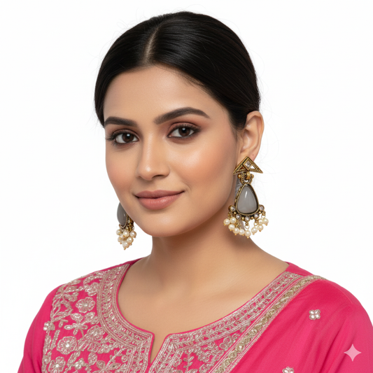 Antique Gold Pearl Chandelier Earrings | Kundan Stone Wedding Jewelry