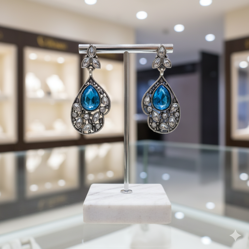 Deep Blue Oxidised Silver Earrings | Ethnic Party Wear Jewellery