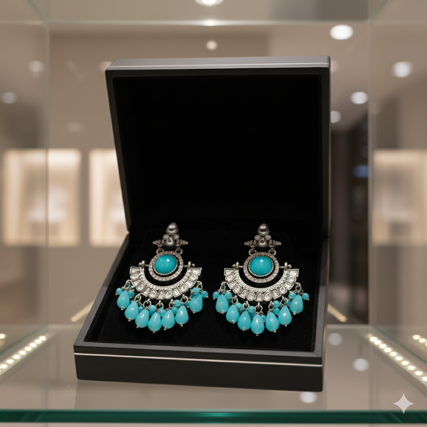 Modern Indian Aqua Blue Earrings | Oxidised Silver Style