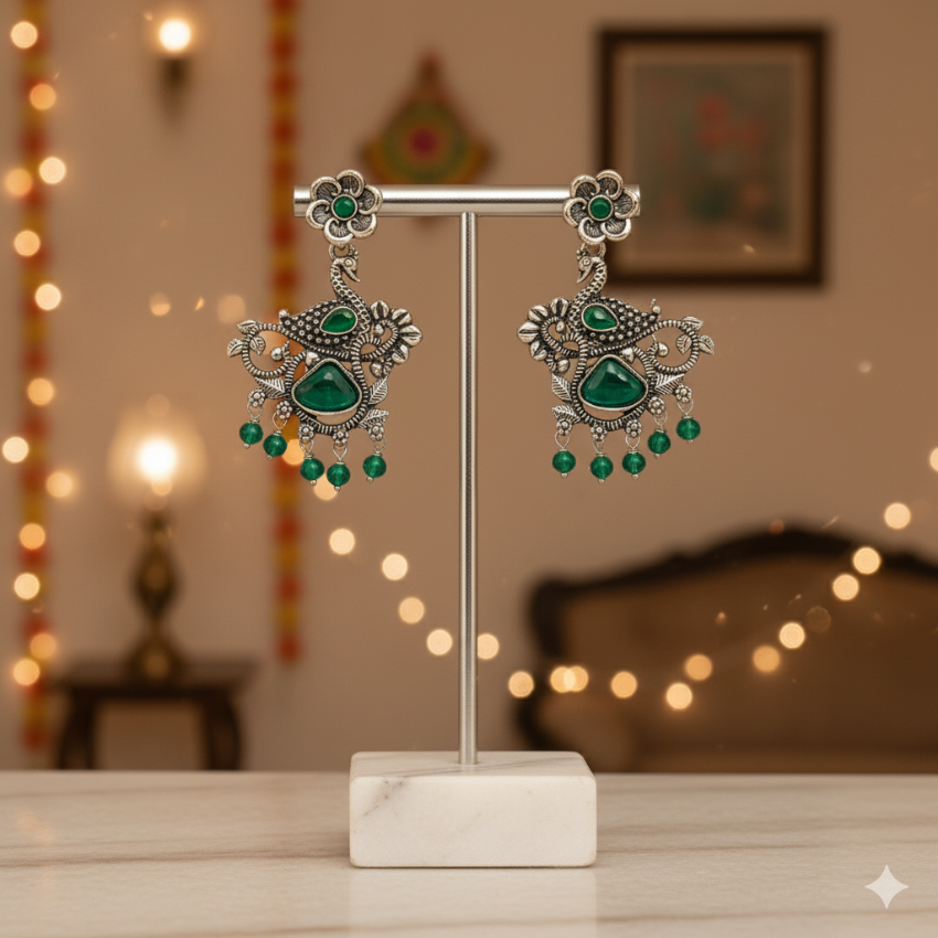 Oxidised Peacock Earrings with Green Stones | Indian Ethnic Jewellery