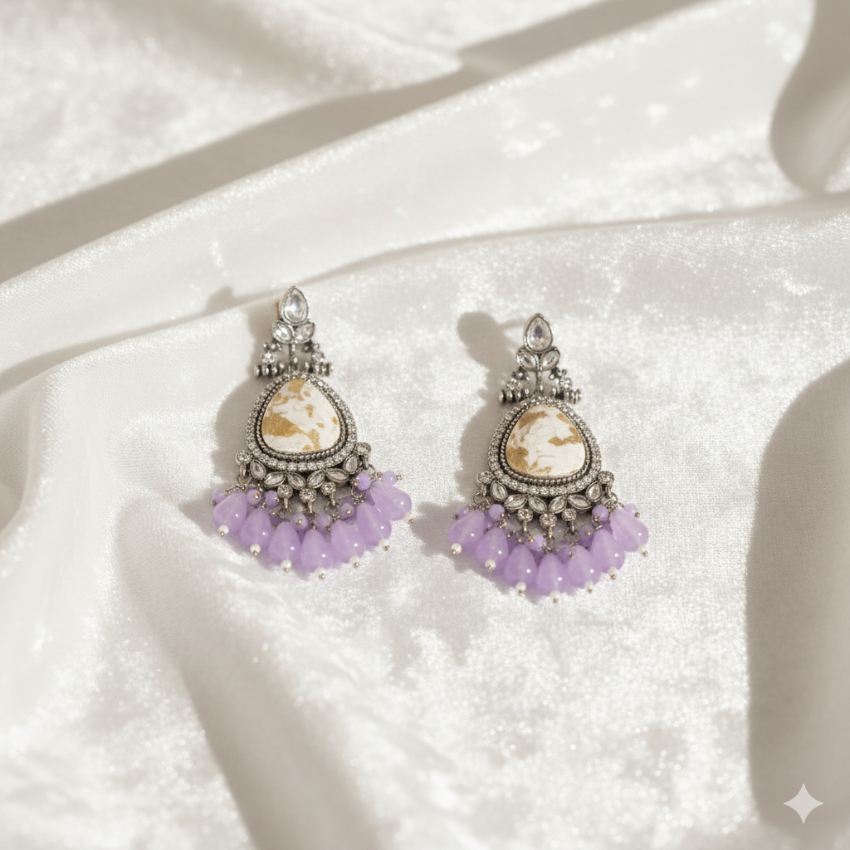 Kundan Style Chandelier Earrings | Oxidised Silver & Purple Bead Dangles