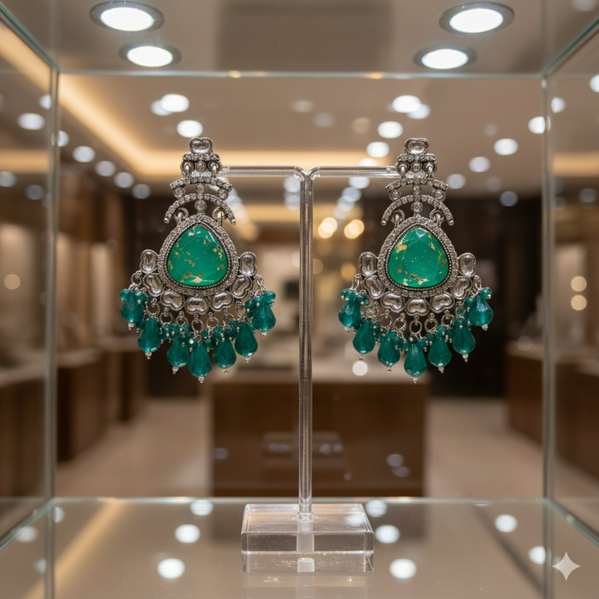 Green Stone Oxidised Chandelier Earrings | Festive Ethnic Dangler Jewelry