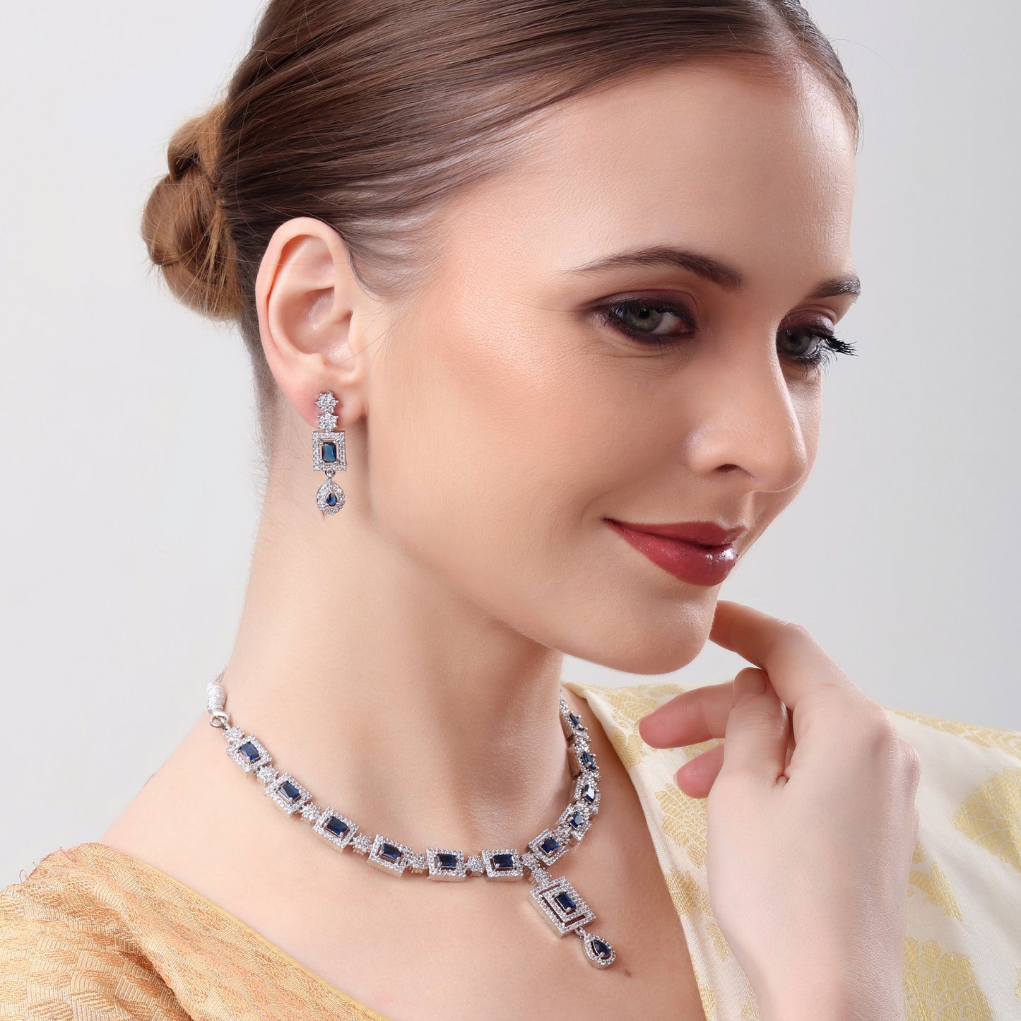 Premium Blue American Diamond (AD) Square Necklace Set – Elegant Jewelry for Women