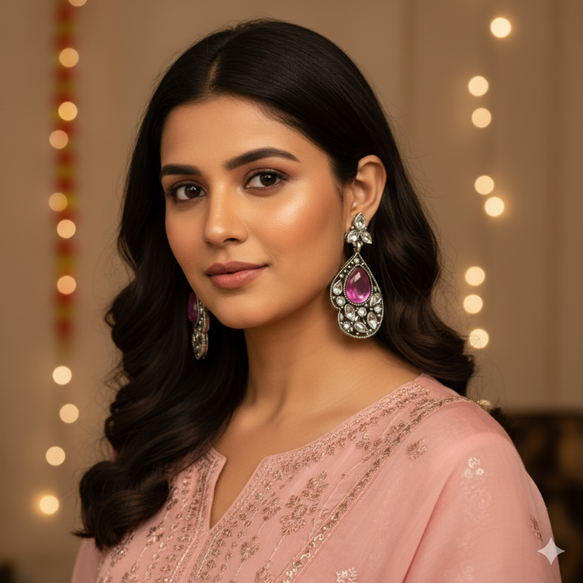 Pink Oxidised Silver Earrings | Ethnic Kundan Style Jewellery