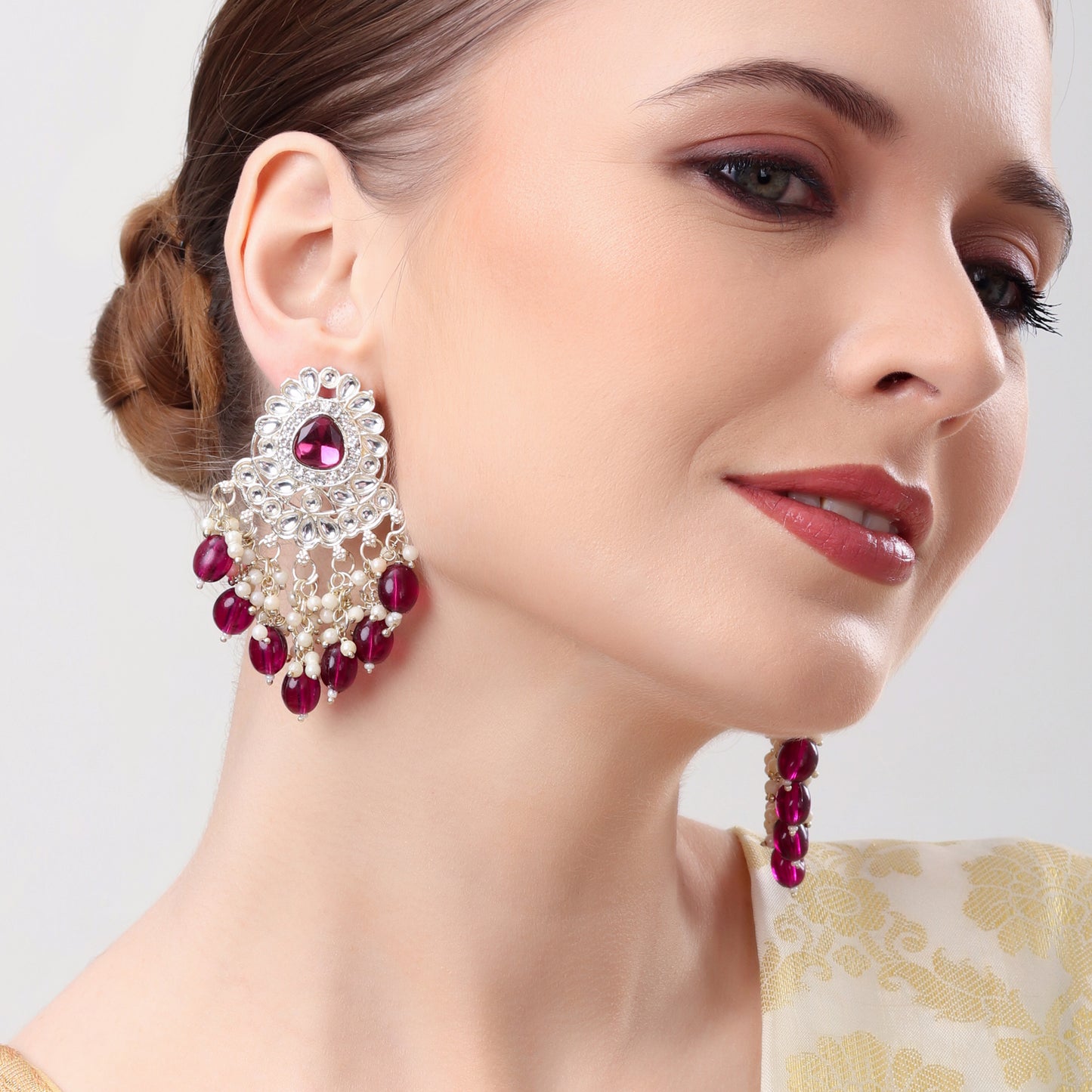 Maroon Kundan Chandelier Earrings | Indian Festive Jewellery
