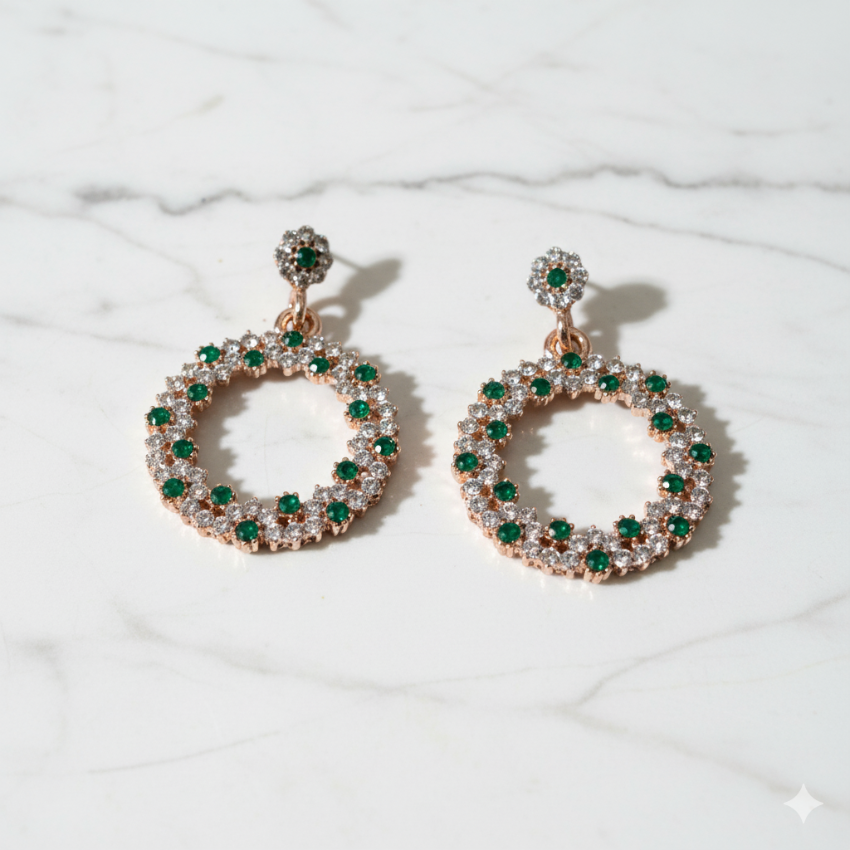 Green Stone Halo Earrings | Sparkling Silver Studs for Women