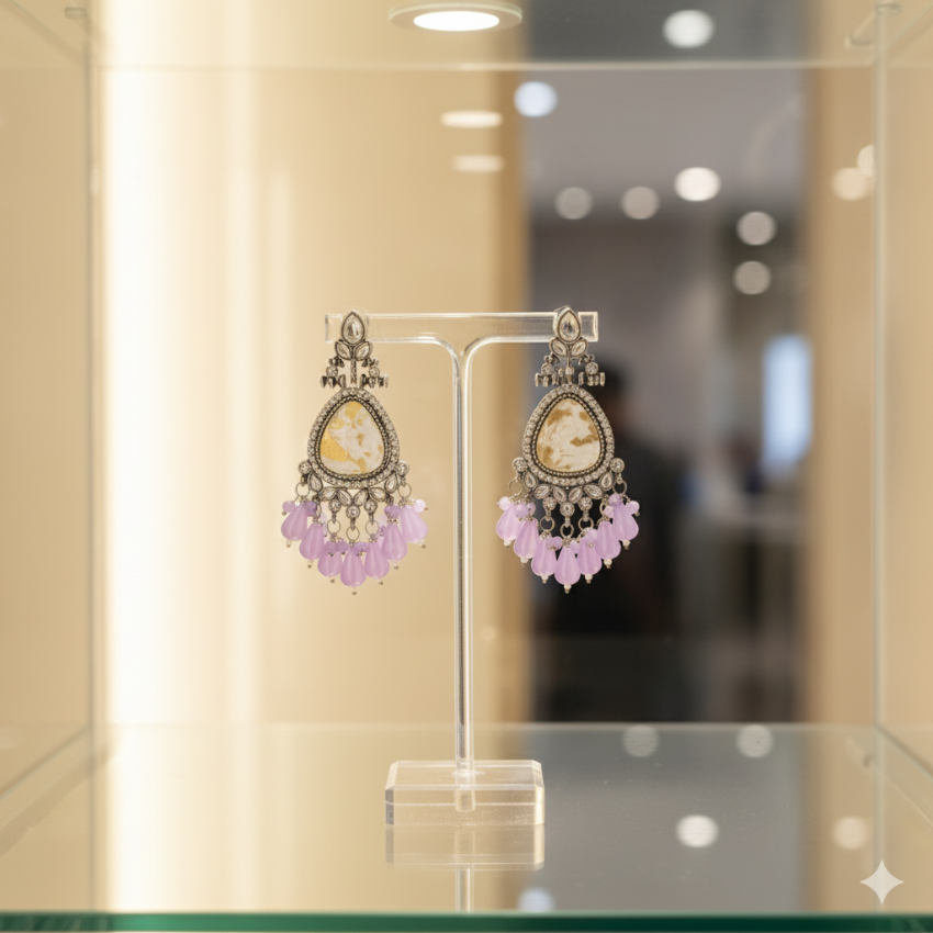 Kundan Style Chandelier Earrings | Oxidised Silver & Purple Bead Dangles