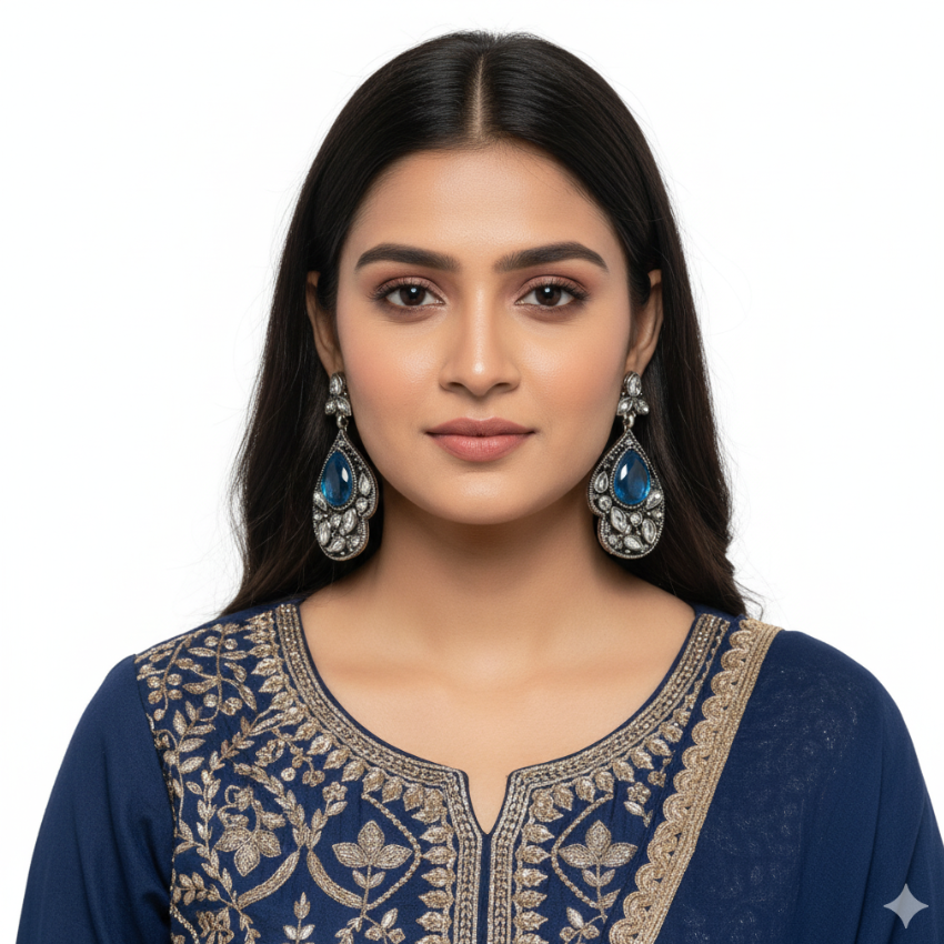 Deep Blue Oxidised Silver Earrings | Ethnic Party Wear Jewellery