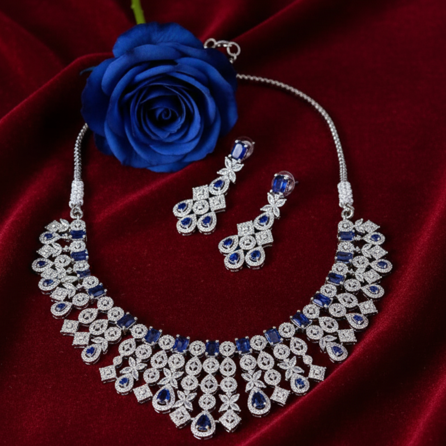 Premium Blue AD Necklace Set for Women | Elegant American Diamond Jewelry