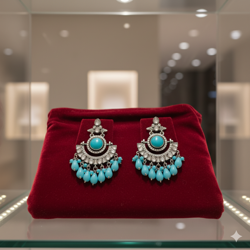 Modern Indian Aqua Blue Earrings | Oxidised Silver Style