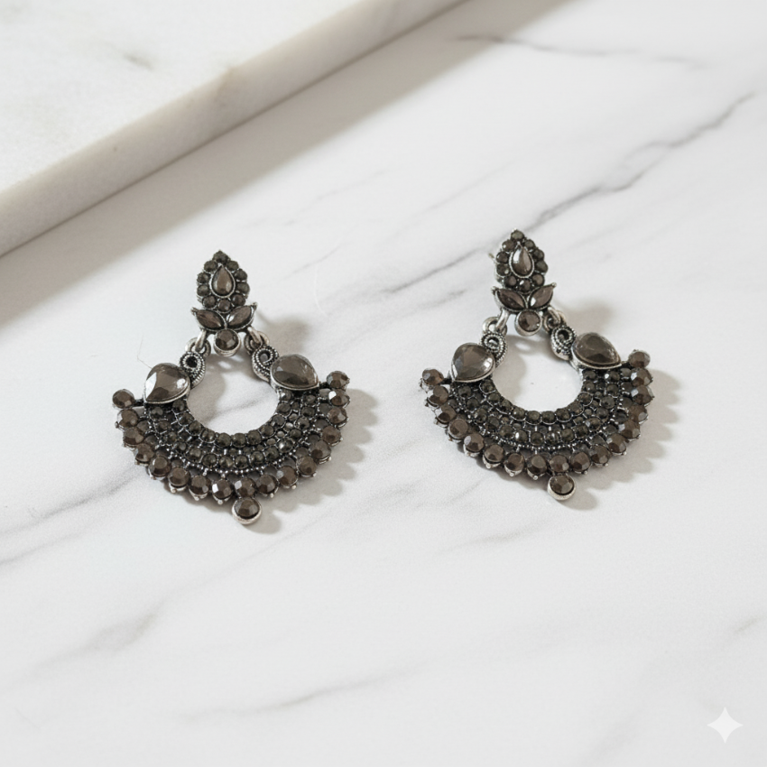 Oxidised Antique Fan Chandelier Earrings | Dark Stone Ethnic Wear