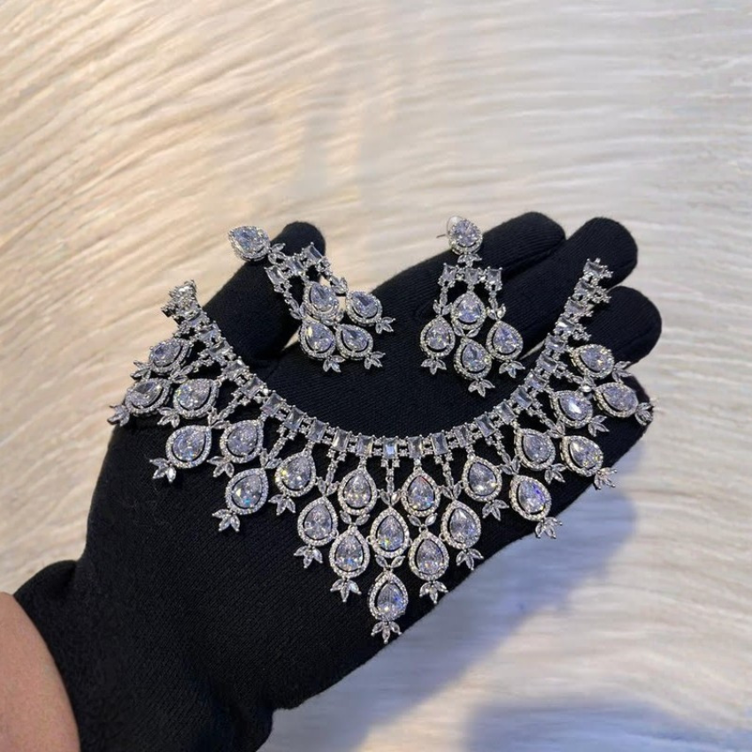 Rhodium Plated CZ Diamond Look Necklace & Earrings Set