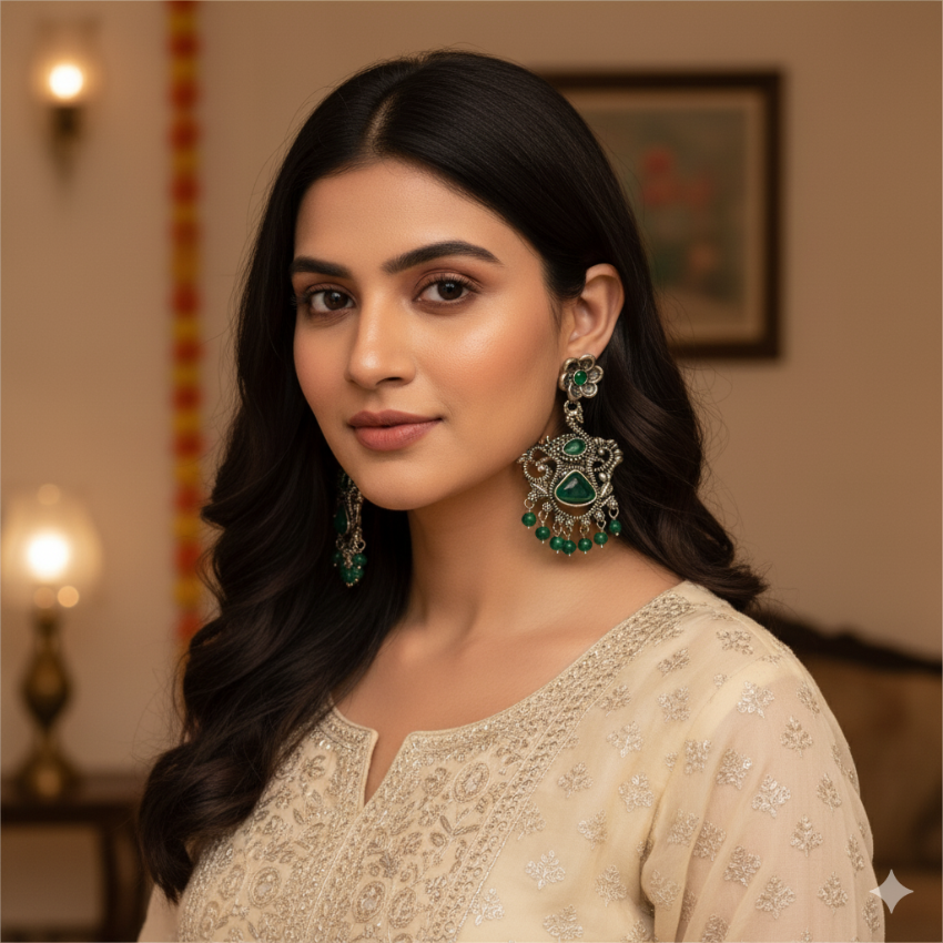 Oxidised Peacock Earrings with Green Stones | Indian Ethnic Jewellery