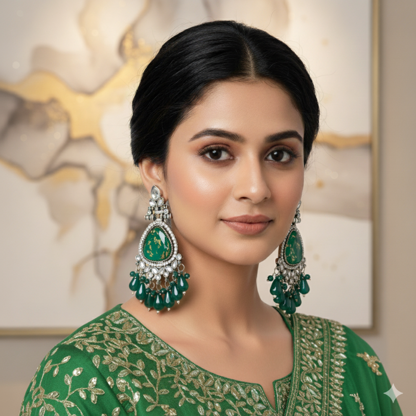 Green Stone Oxidised Chandelier Earrings | Festive Ethnic Dangler Jewelry