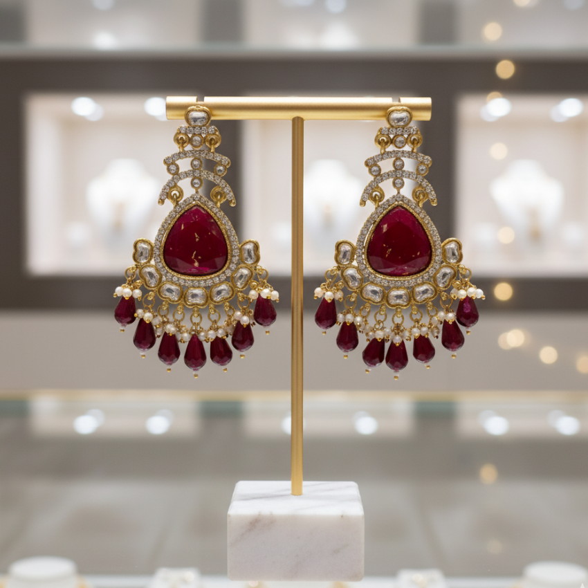 Heavy Red Kundan Chandelier Earrings | Bridal Wedding Jewellery