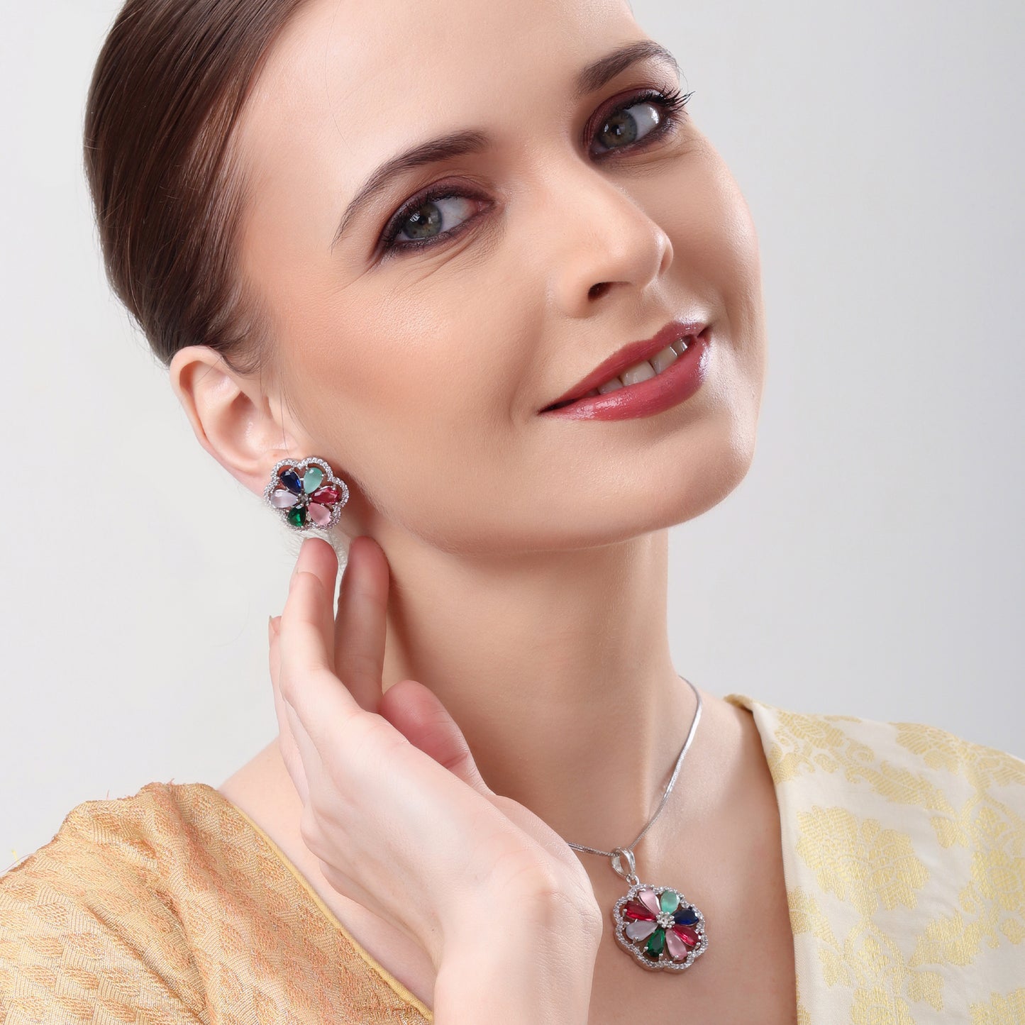 Multi Color American Diamond Pendant Set – Elegant Jewelry for Women Online
