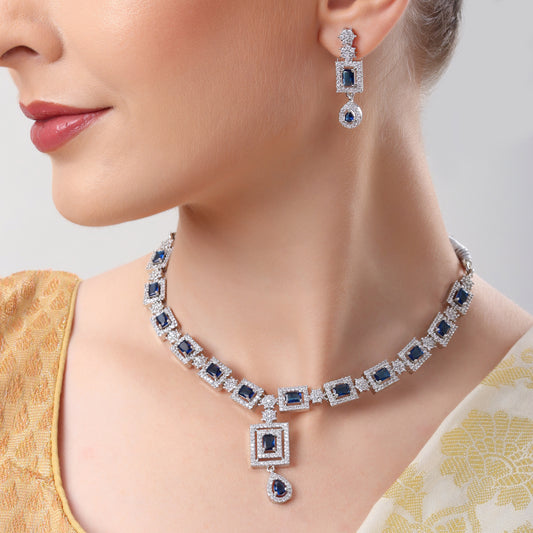 Premium Blue American Diamond (AD) Square Necklace Set – Elegant Jewelry for Women