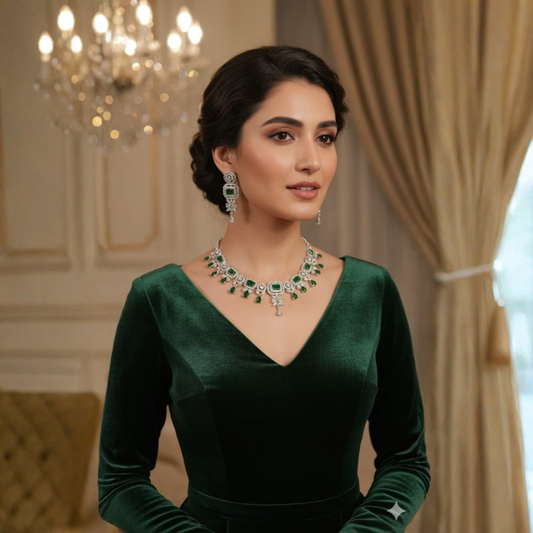 Emerald Green & American Diamond Necklace Set