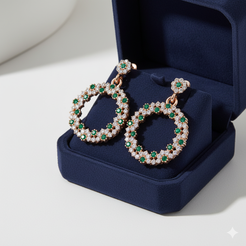 Green Stone Halo Earrings | Sparkling Silver Studs for Women