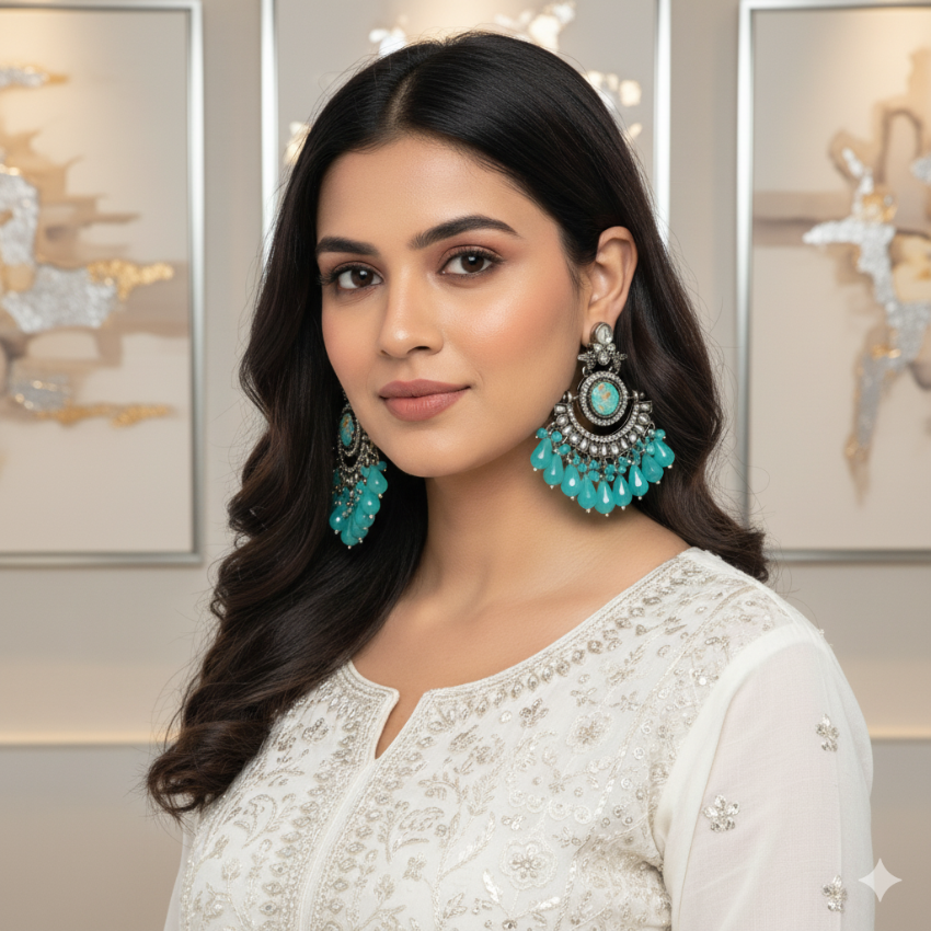 Modern Indian Aqua Blue Earrings | Oxidised Silver Style