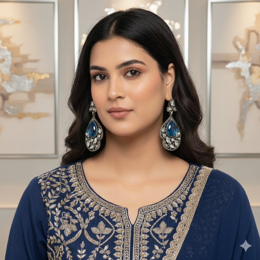 Deep Blue Oxidised Silver Earrings | Ethnic Party Wear Jewellery